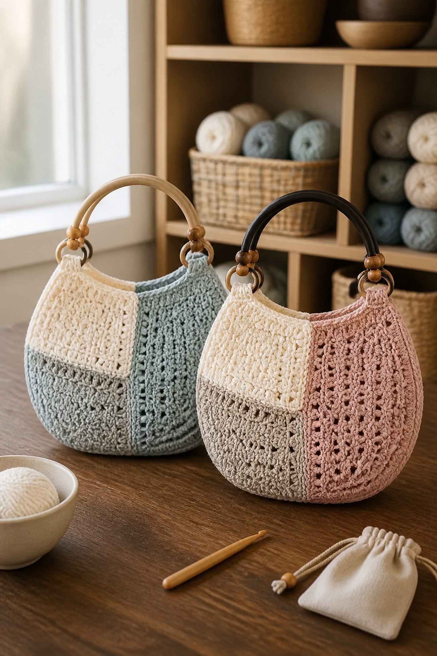 Two finished color-block crochet bags with wooden handles