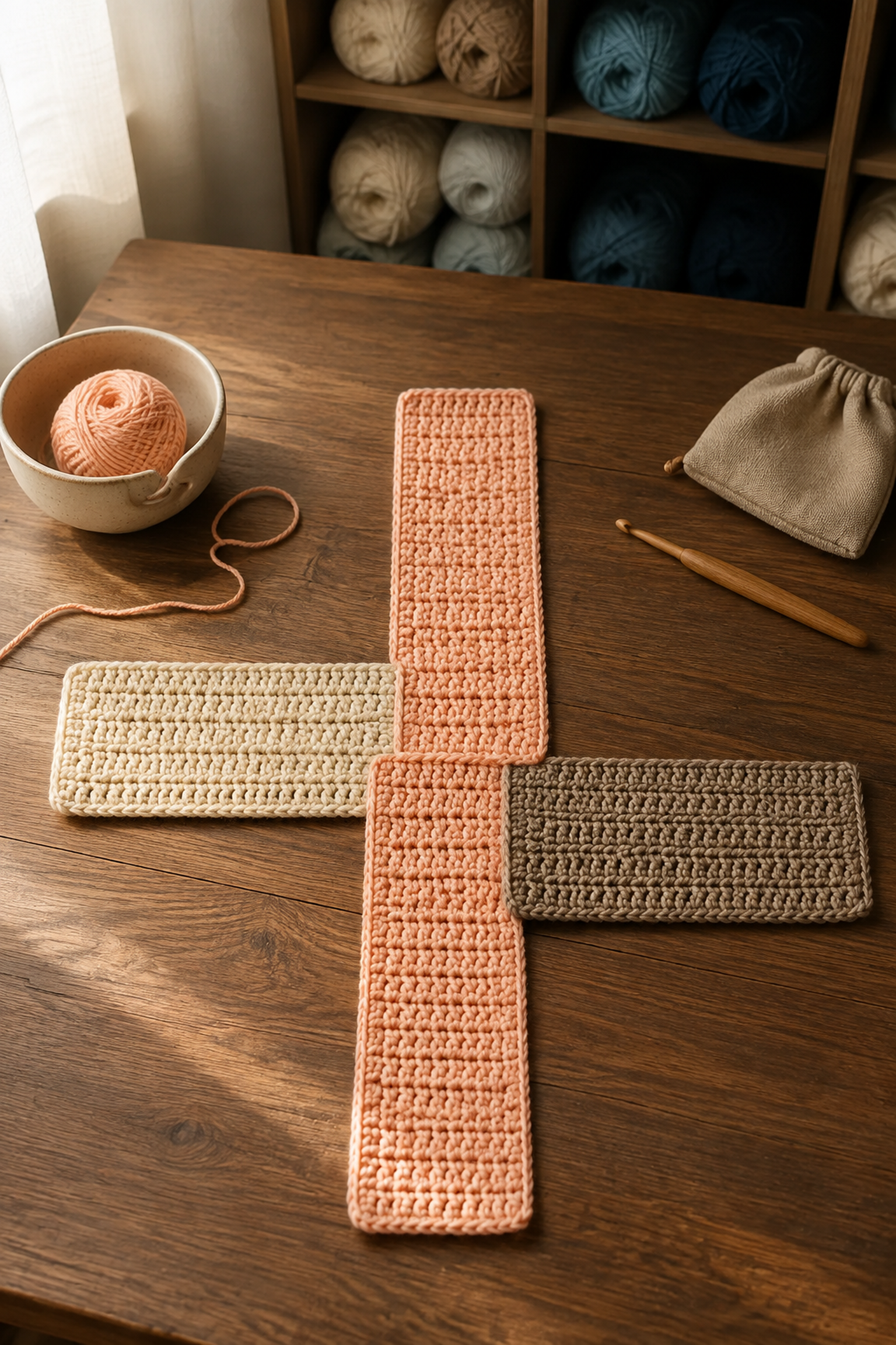 Four crochet rectangles arranged as an offset cross