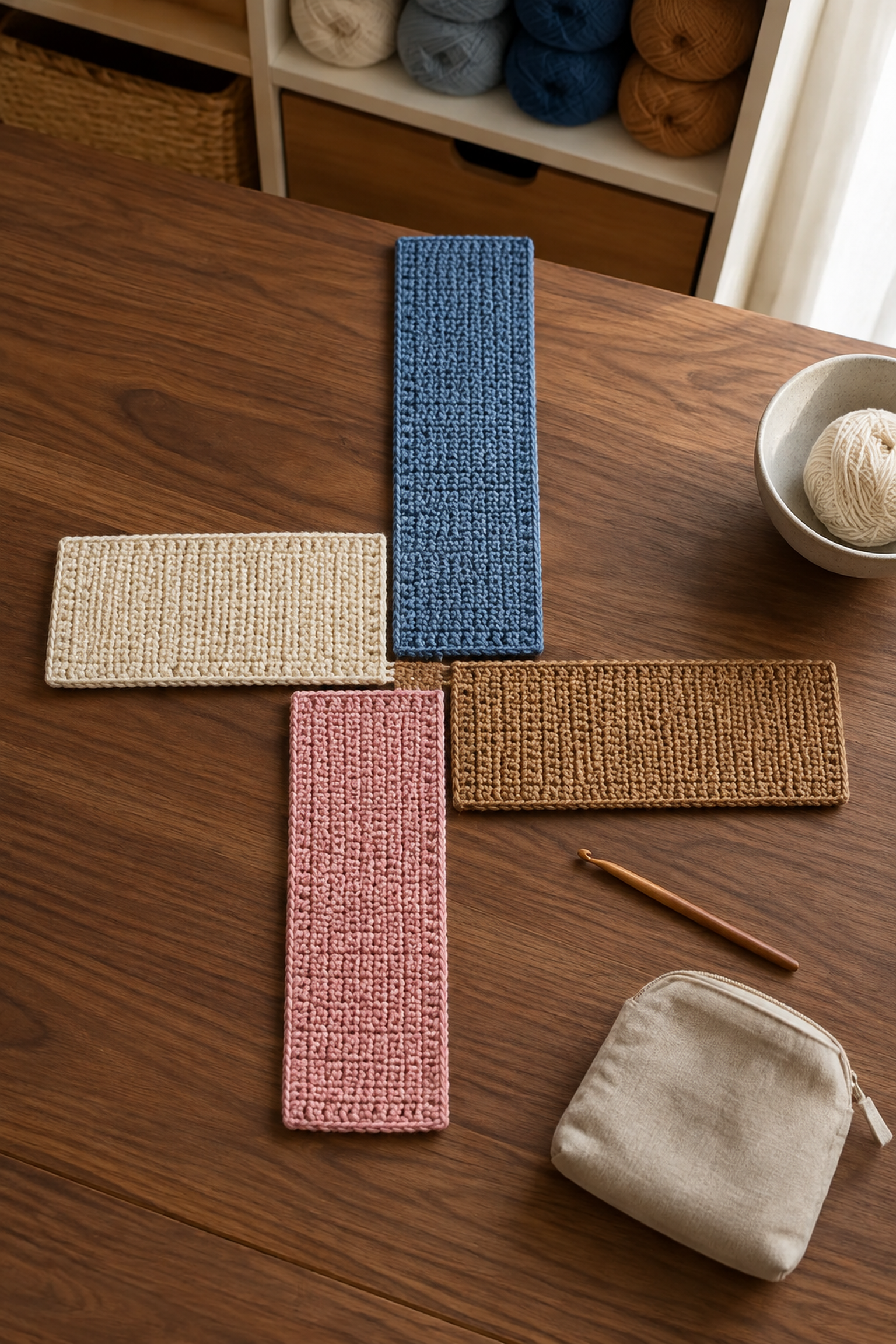 Four-color crochet rectangle layout before joining