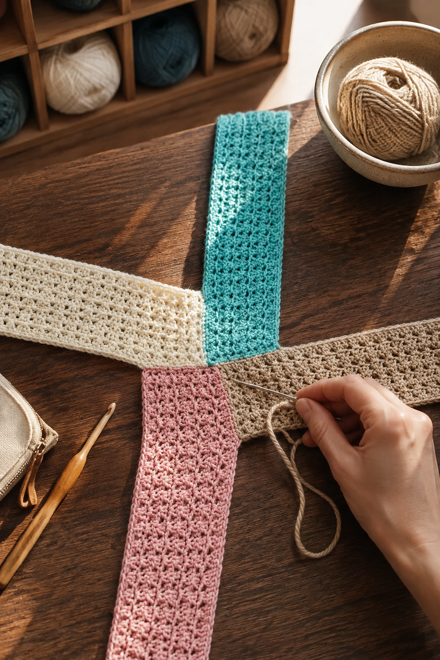 Crochet panels aligned for center-out whip stitching
