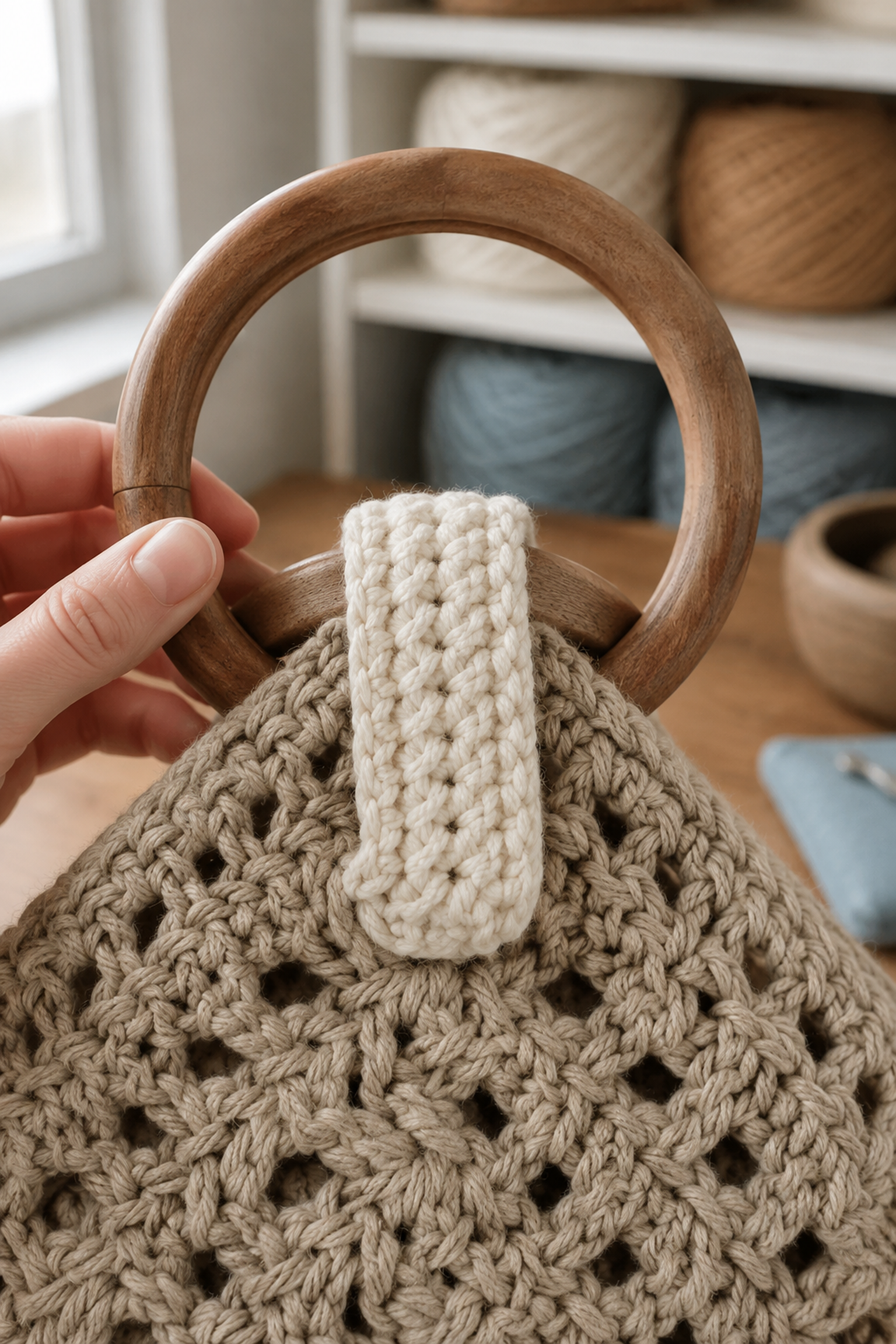 Crocheted band attaching a round wooden bag handle