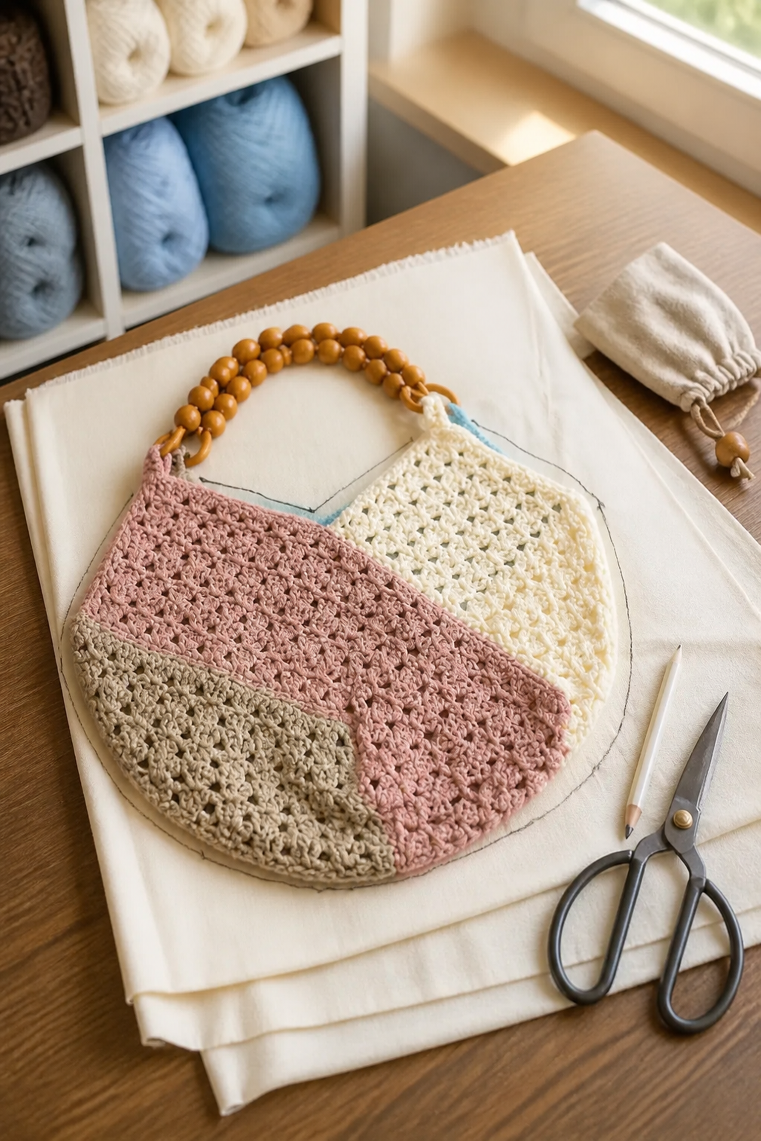 Crochet bag used as a template for cotton lining