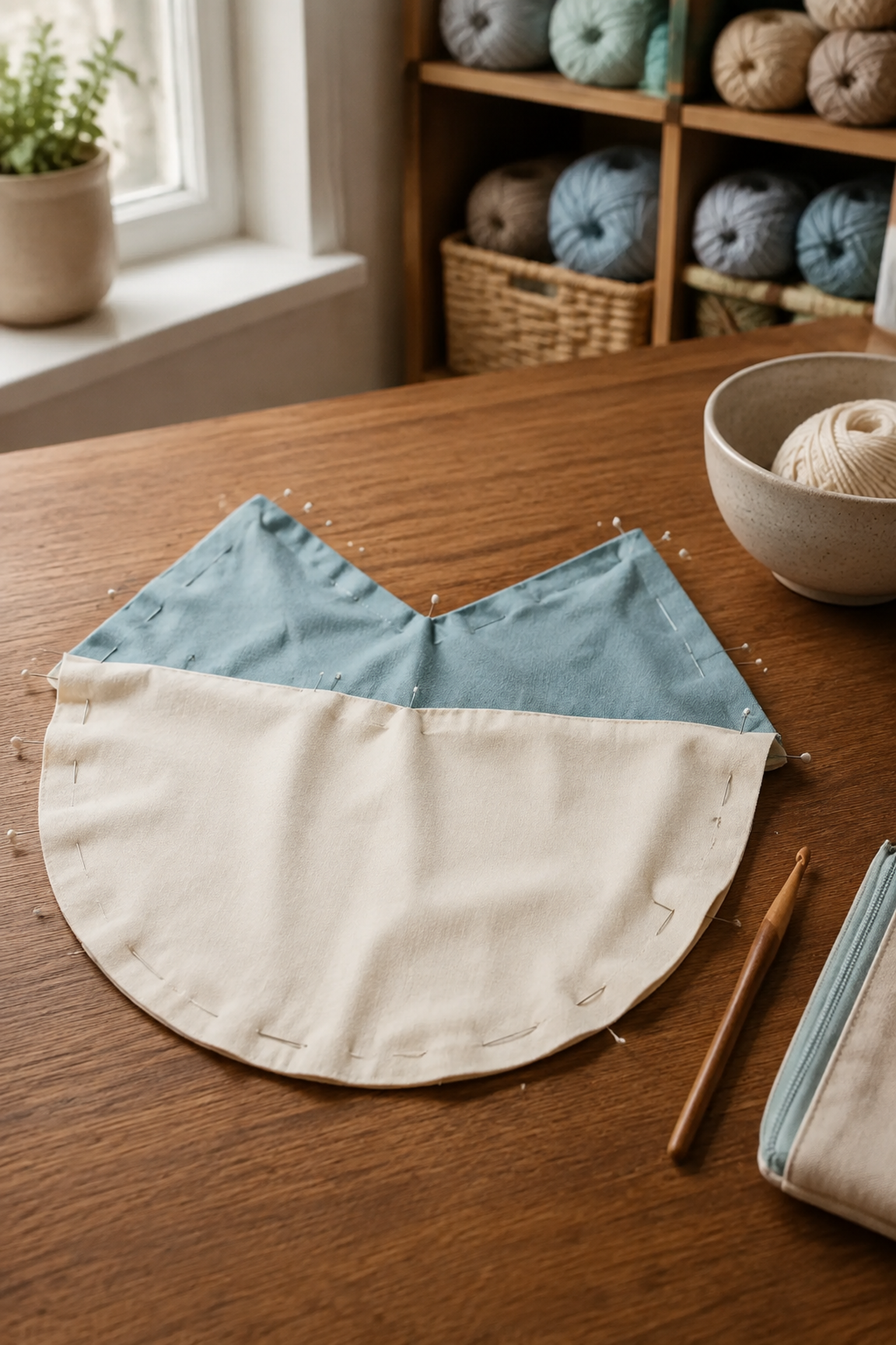 Pinned cotton lining halves ready to sew