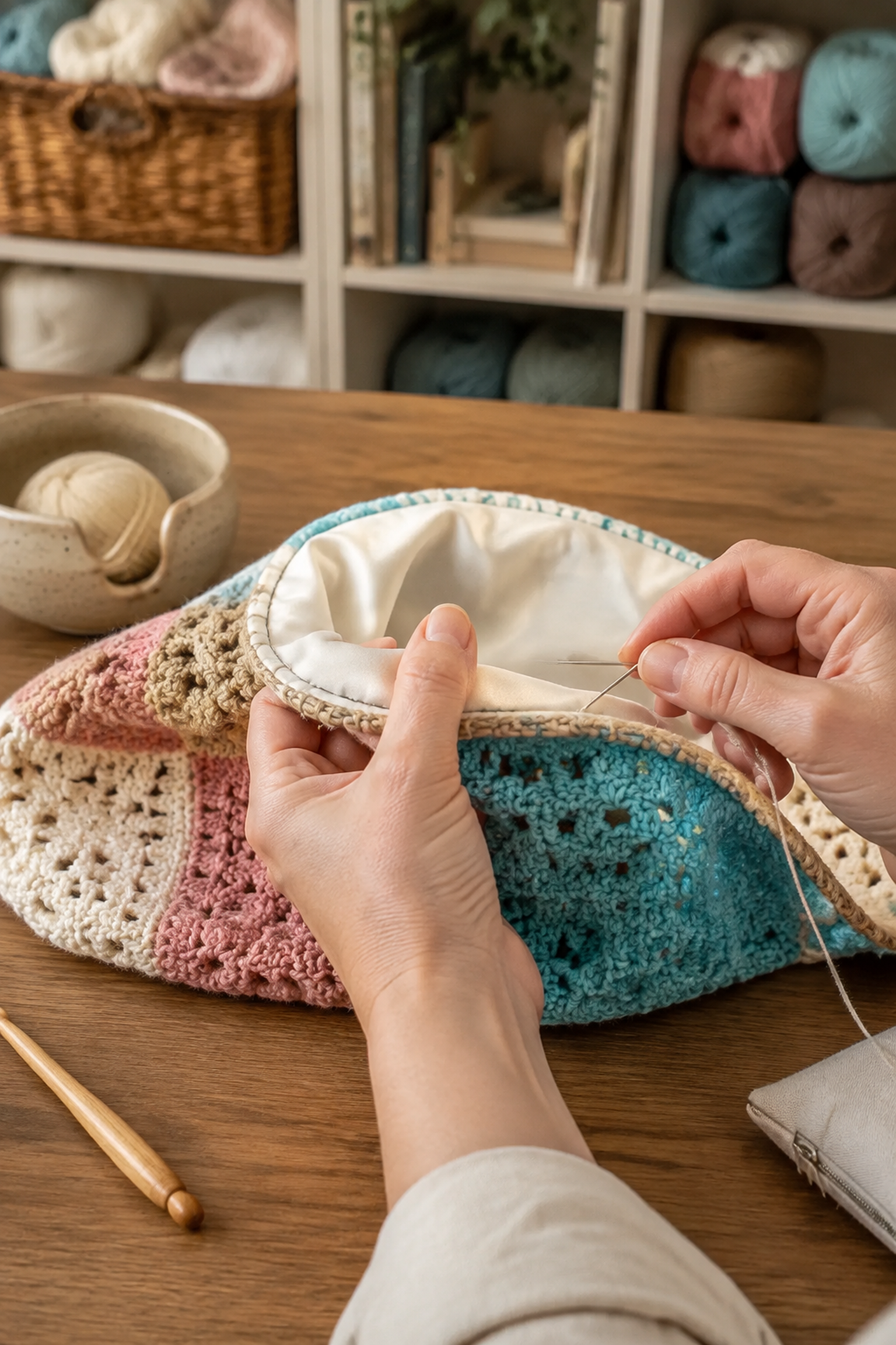 Cotton lining hand stitched inside a crochet bag