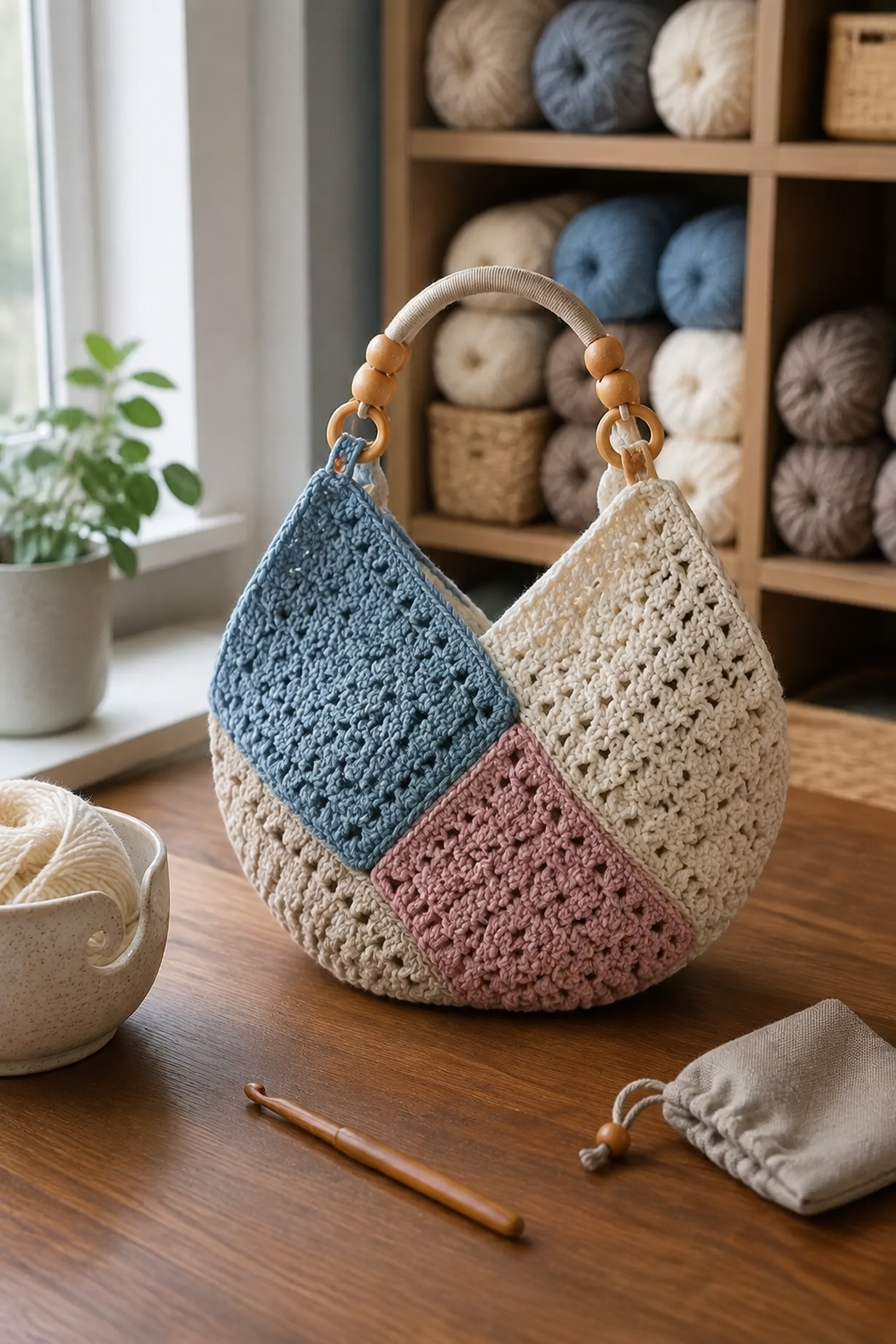 Finished four rectangle crochet bag with a wooden beaded handle
