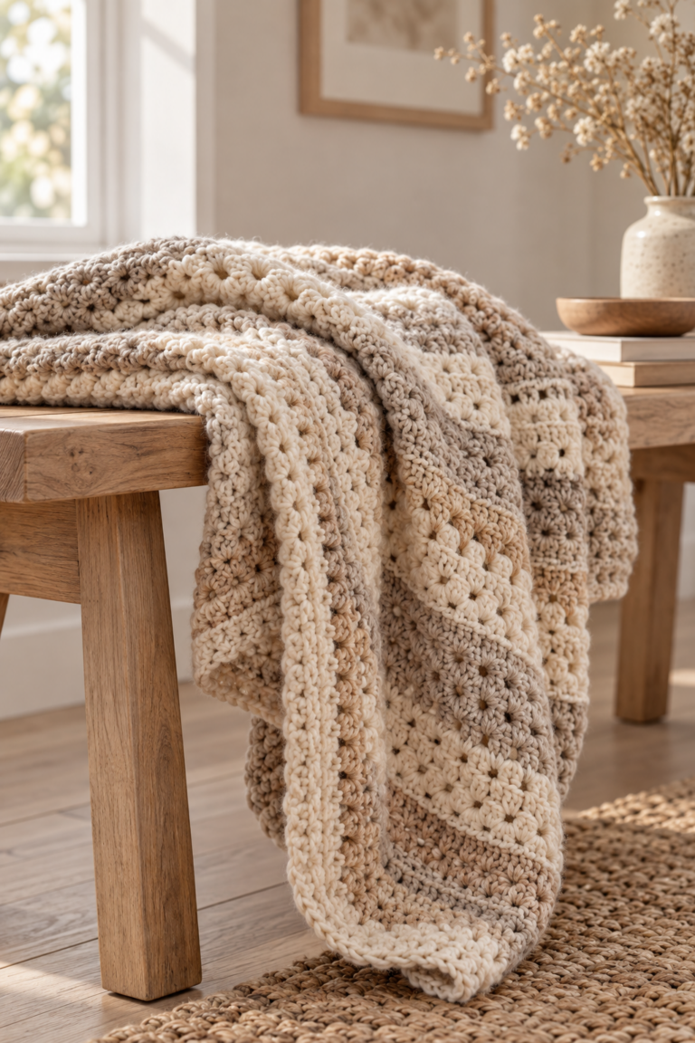 Soft neutral crochet afghan with visible texture