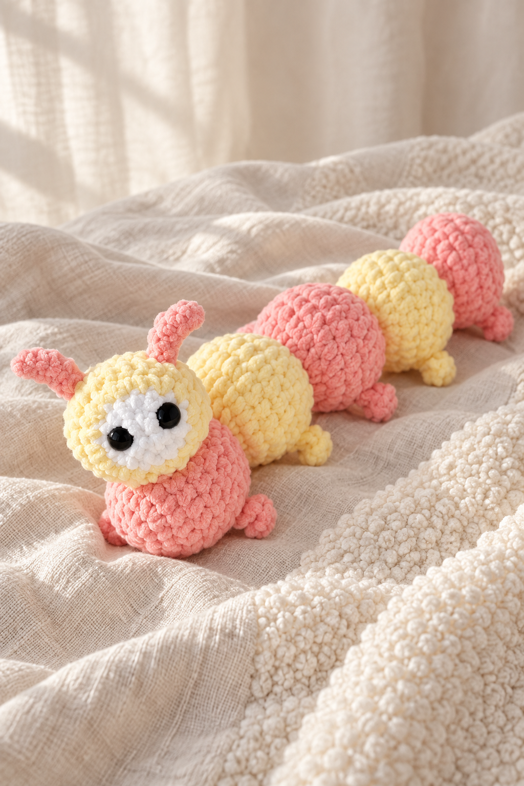 Free crochet caterpillar pattern with rounded low-sew segments