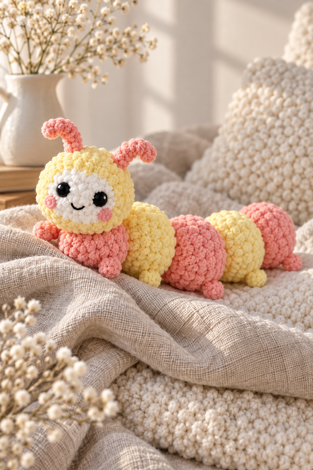Built-in legs on a crochet caterpillar body