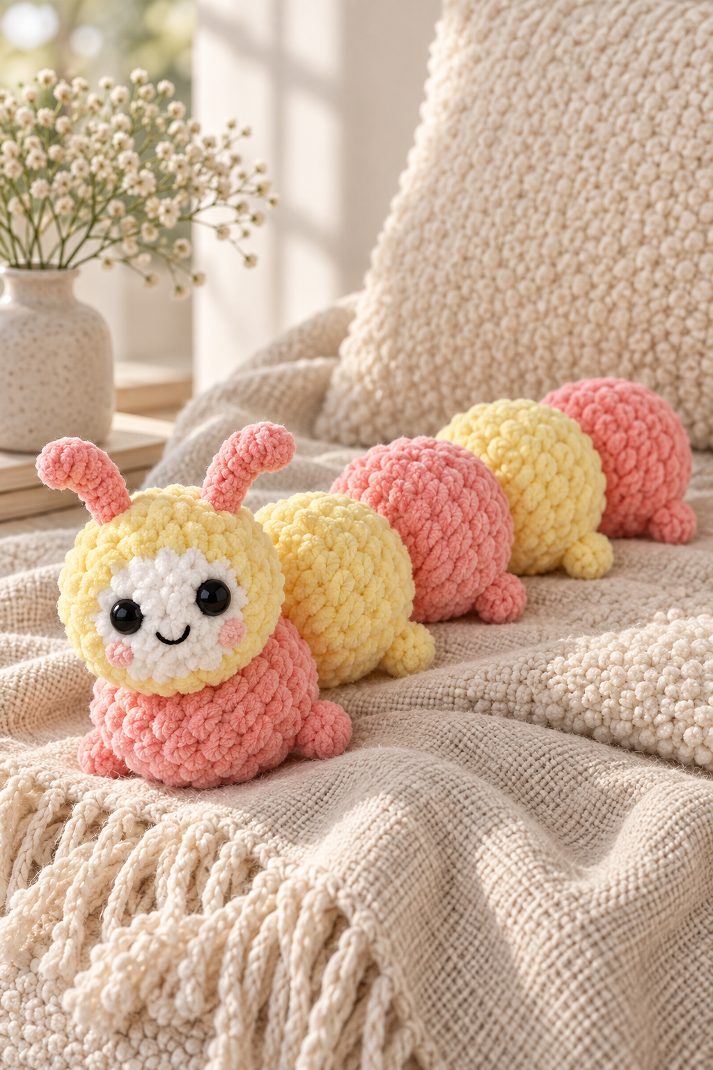 Colorful crochet caterpillar segments in sequence