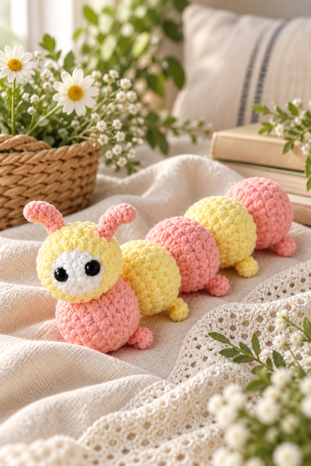 Crochet caterpillar head aligned with body