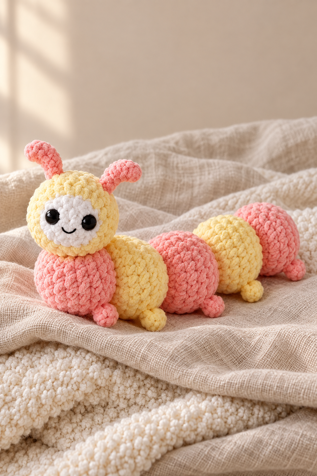 Detailed coral and yellow crochet stitches