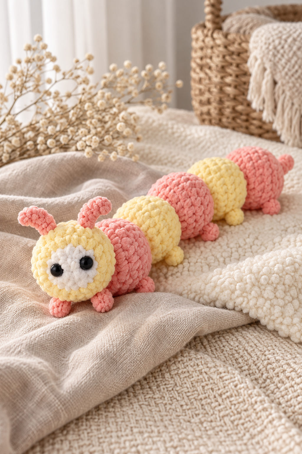 Handmade crochet caterpillar in a nursery setting