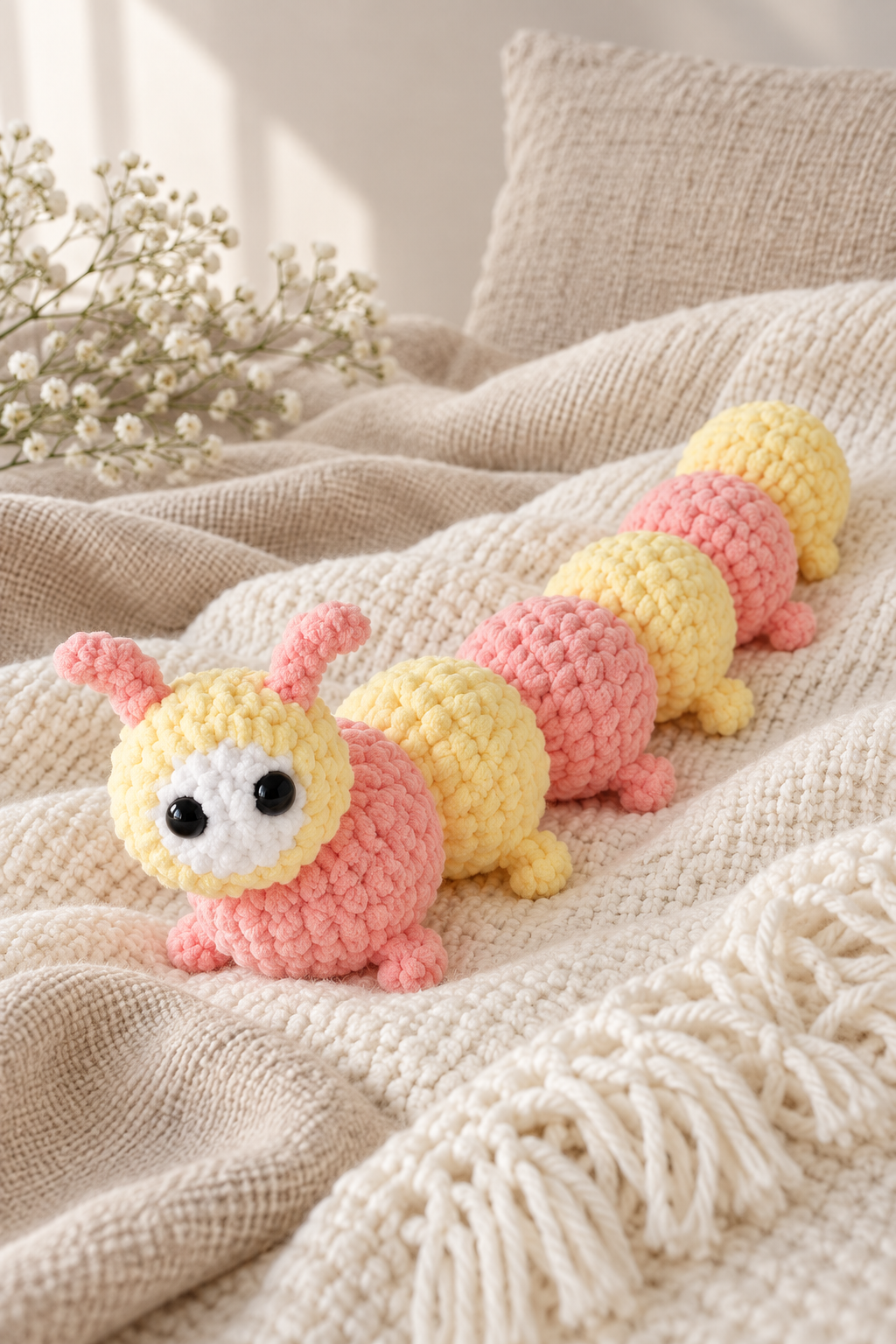 Finished colorful crochet caterpillar