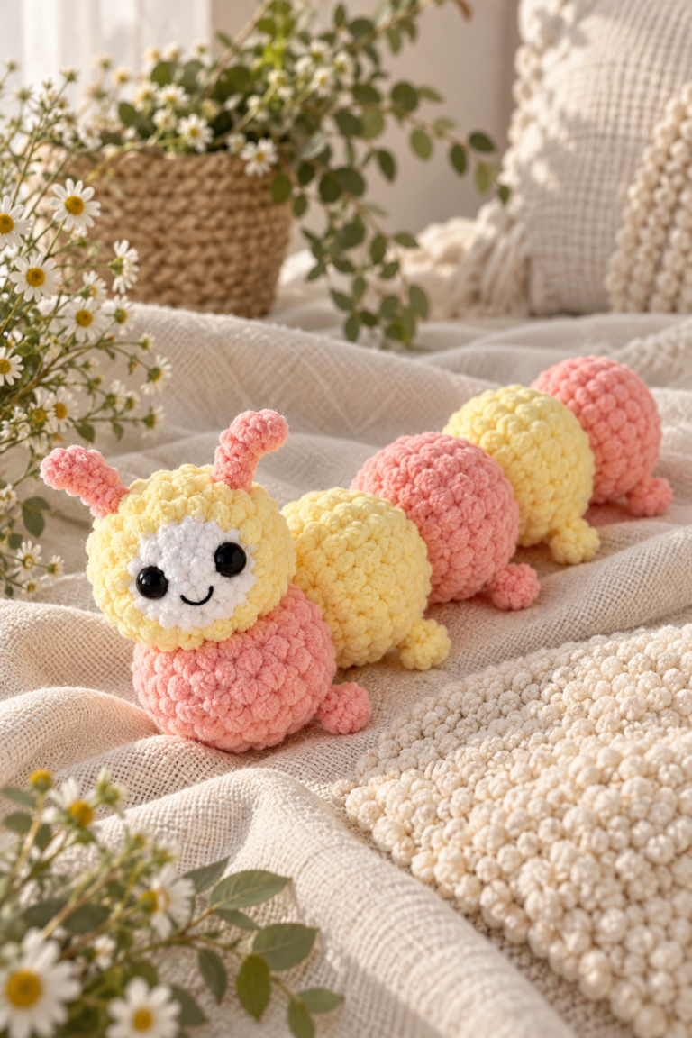Colorful handmade crochet caterpillar on a soft nursery blanket