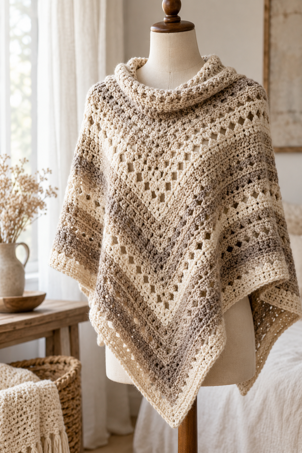 Read the stitch texture and drape in a crochet poncho