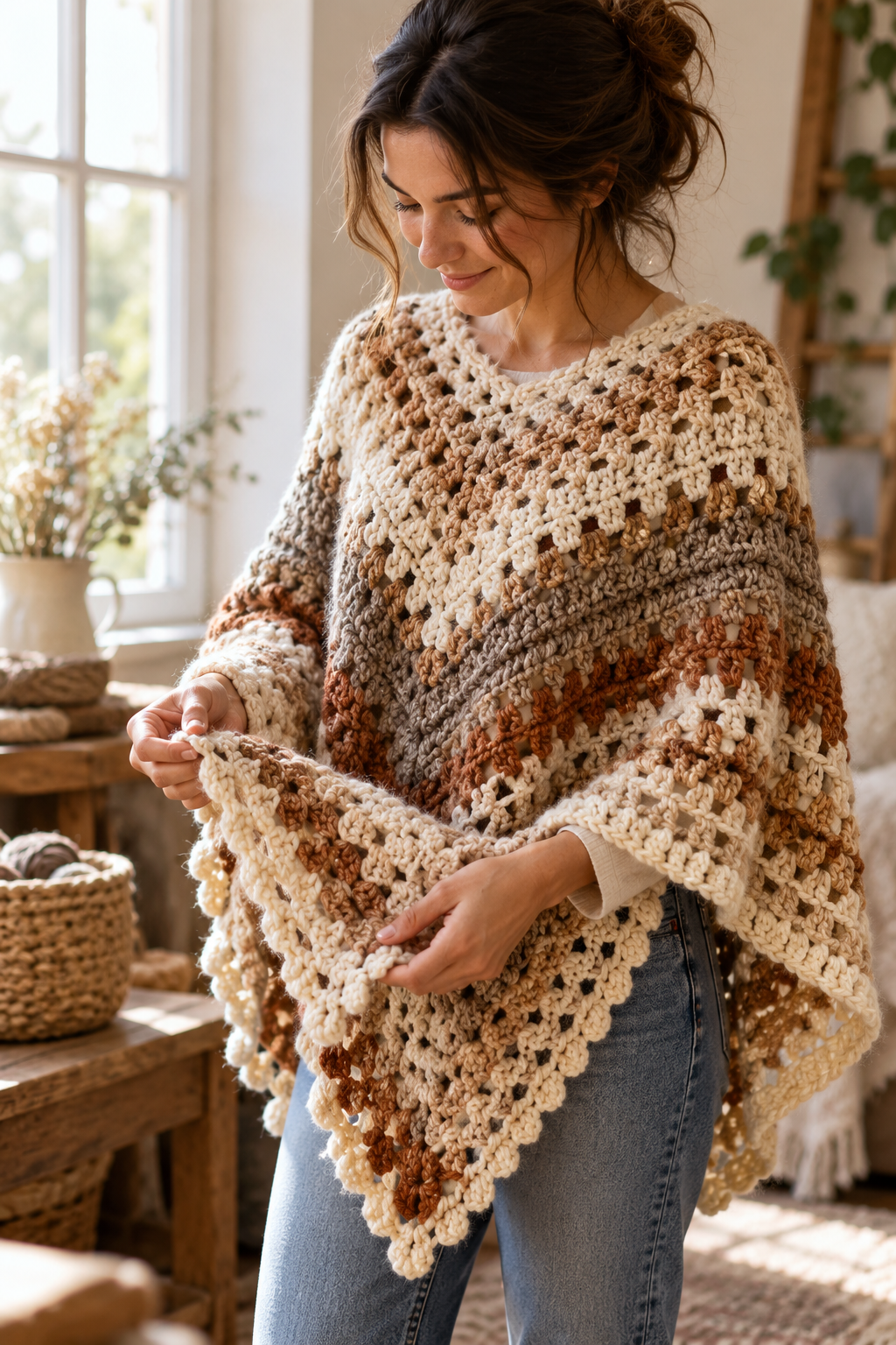 Review the finished layer in a crochet poncho
