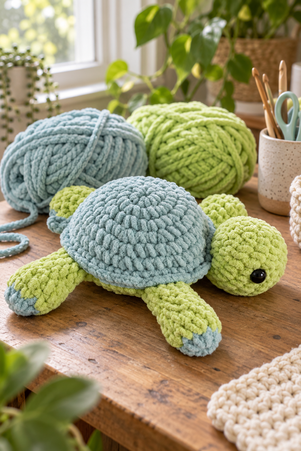 Free crochet turtle pattern with blue and lime green yarn