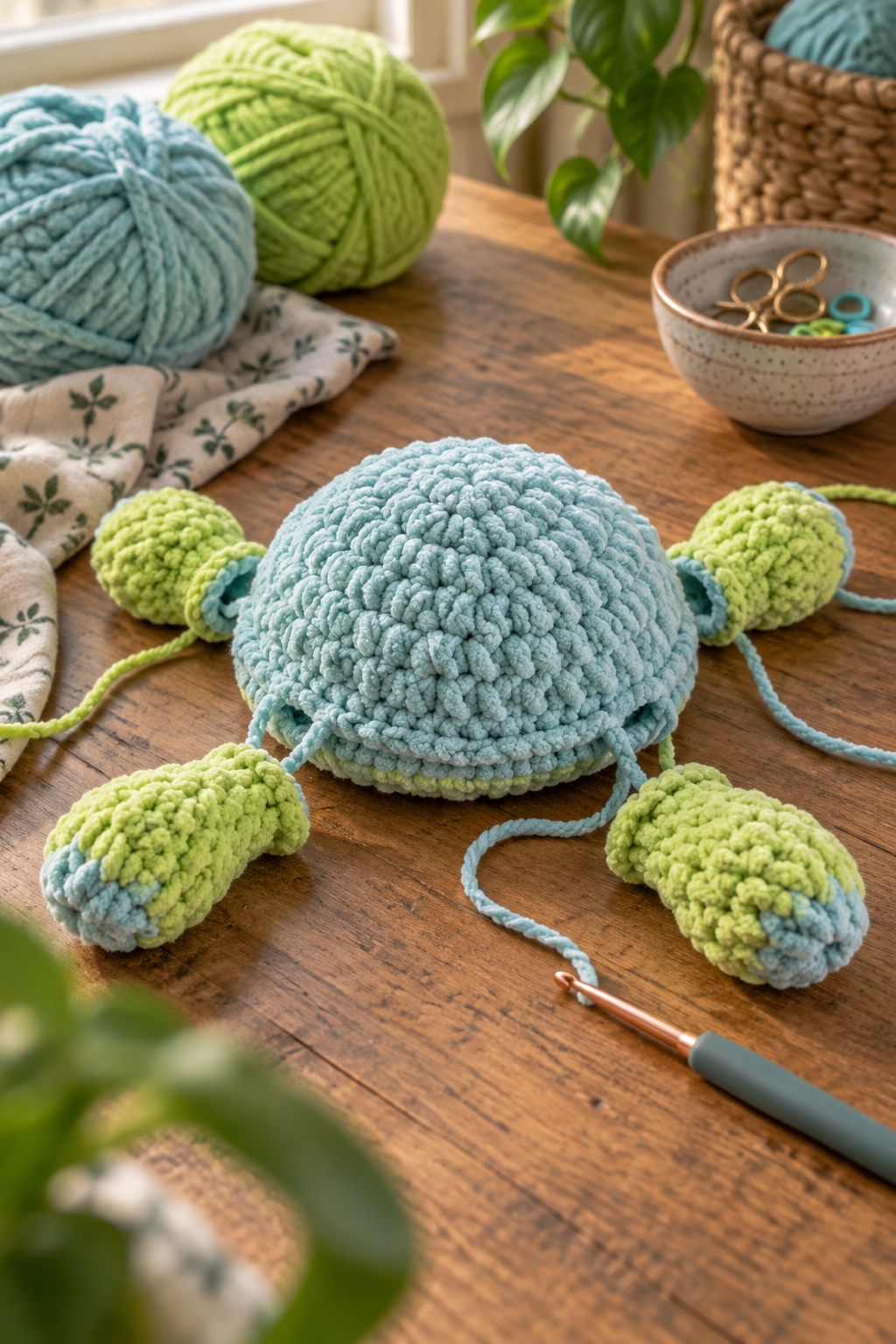 Crochet turtle legs and partly joined body