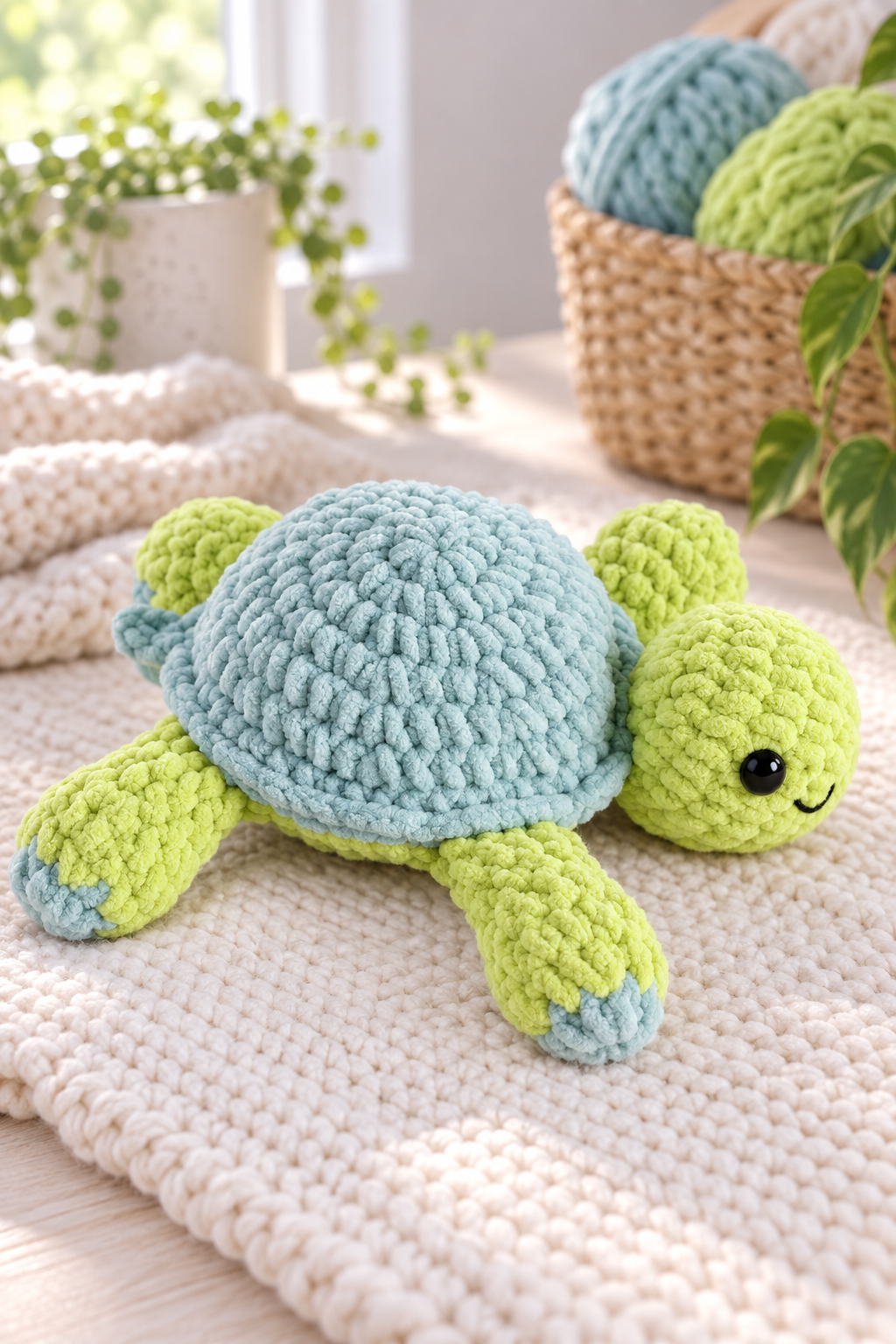 Chunky blue and lime green crocheted turtle plushie