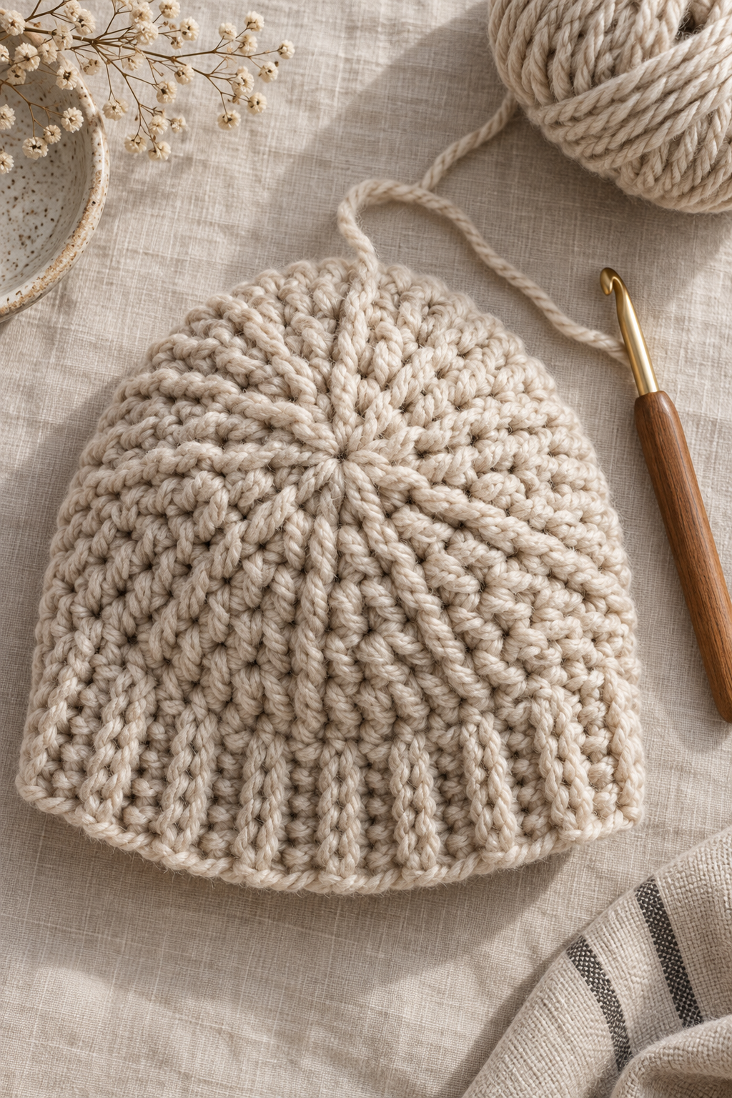 Chunky crochet beanie crown shaping in progress