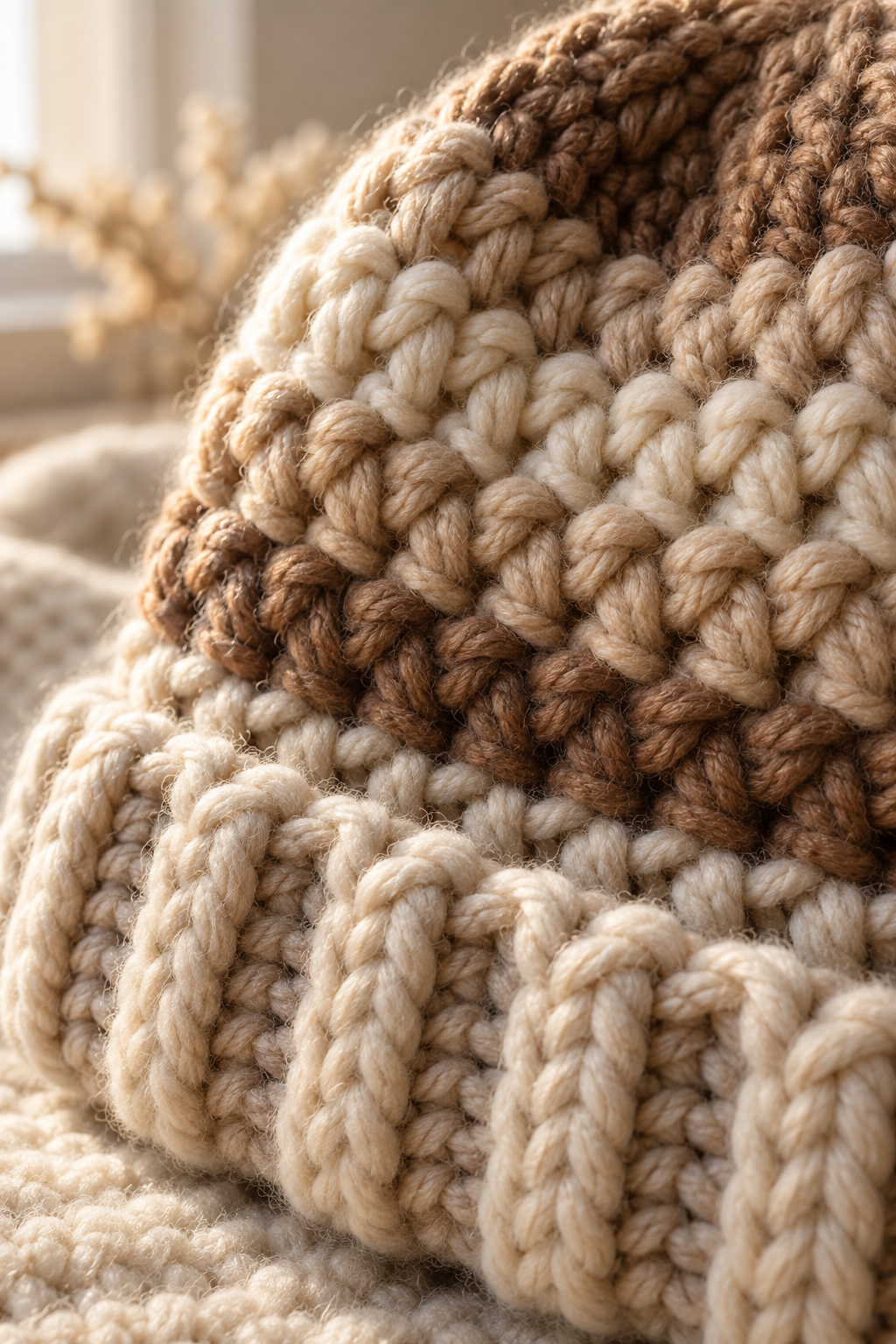 Detailed bulky yarn crochet stitches on a beanie