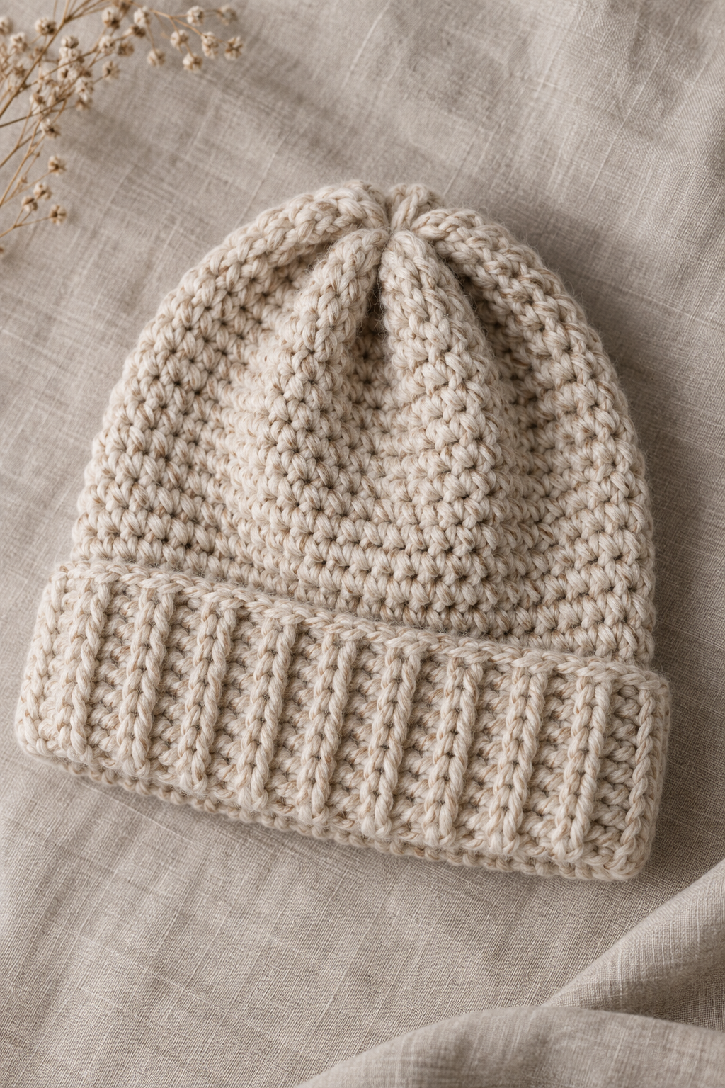 Chunky crochet beanie laid flat to show depth and brim