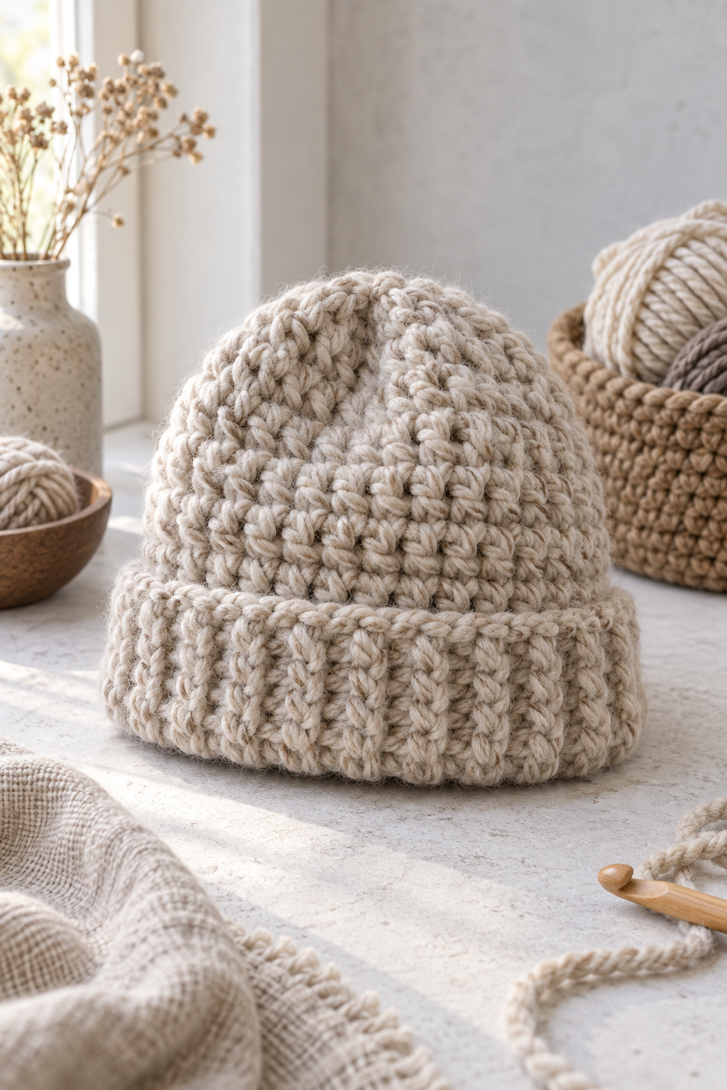 Finished chunky crochet beanie with a gathered crown and flexible brim