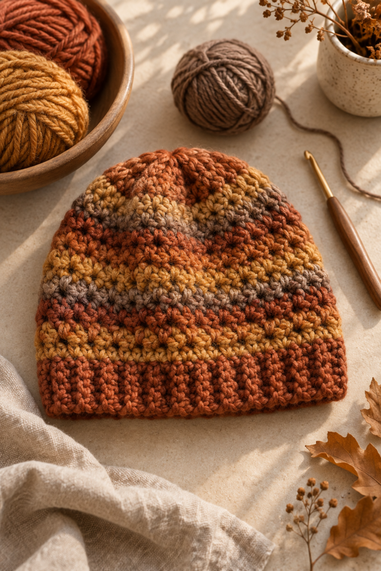 Textured crochet beanie on a warm craft table