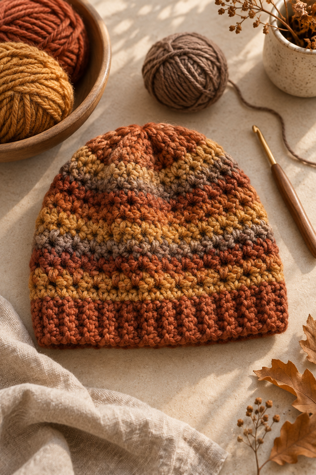 Textured crochet beanie on a warm craft table