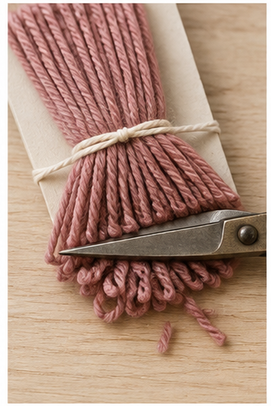 how to make a yarn tassel: sharp scissors cutting through the lower yarn loops