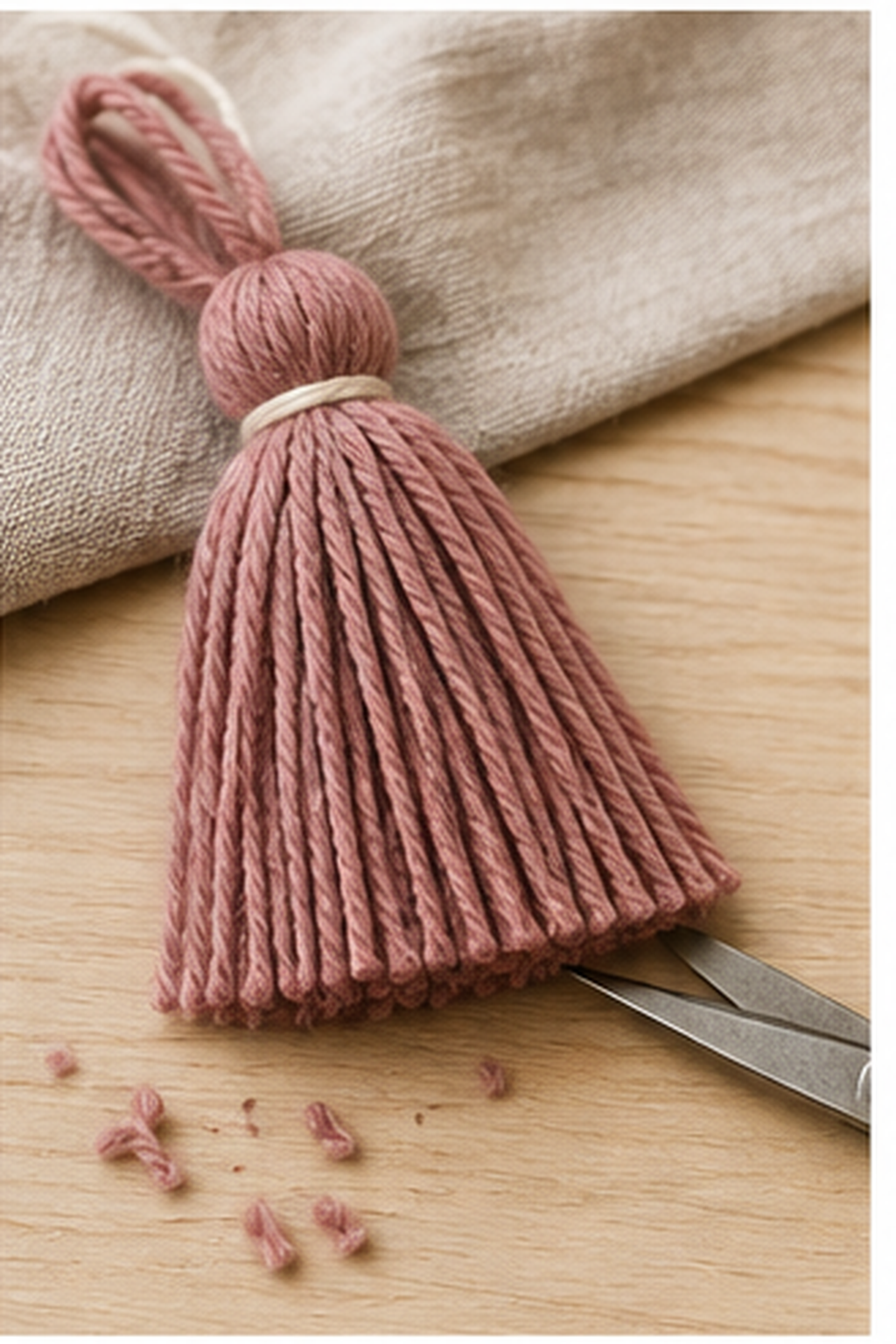 how to make a yarn tassel: freshly combed tassel being trimmed to an even edge
