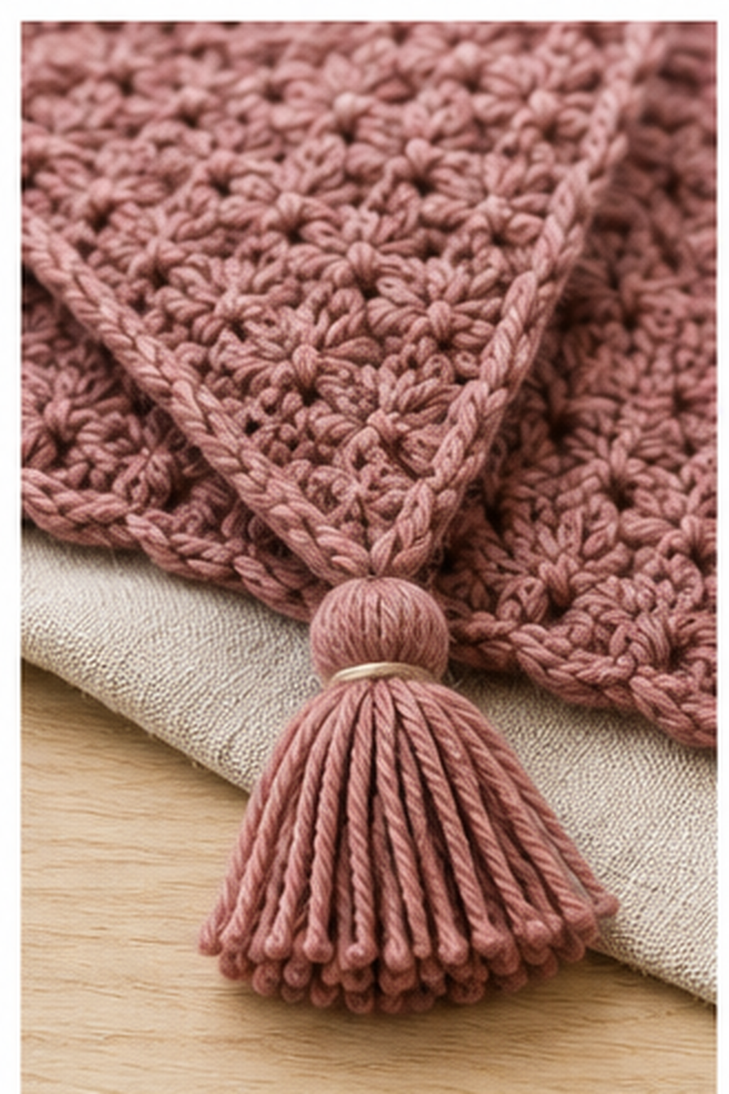how to make a yarn tassel: finished yarn tassel attached to a textured crochet scarf