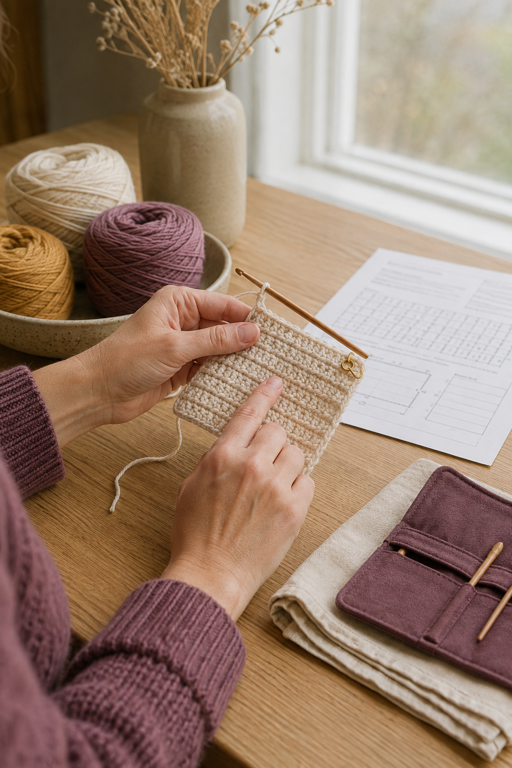 Beginner counting stitches while following crochet pattern instructions