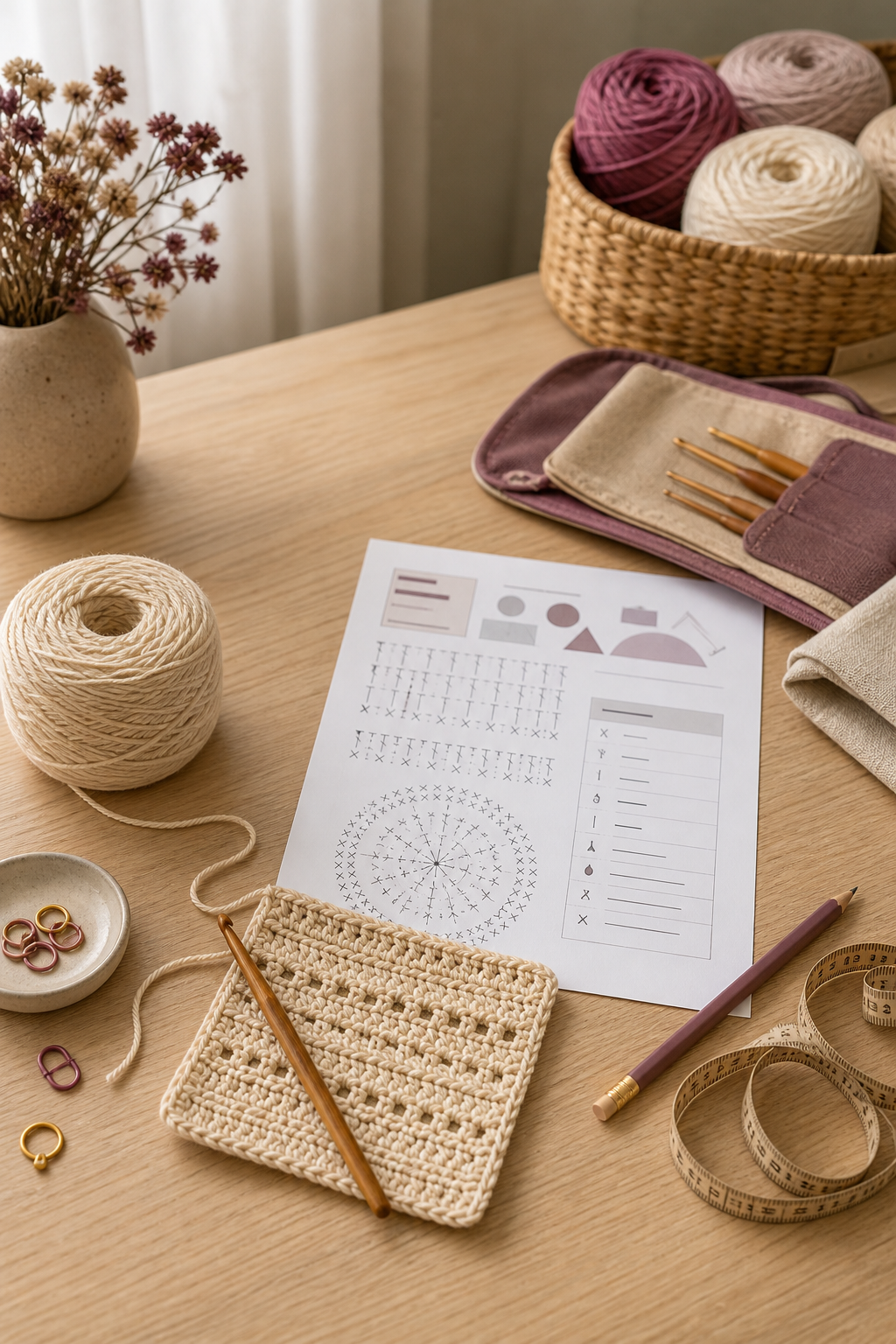 How to read a crochet pattern at an organized beginner workspace
