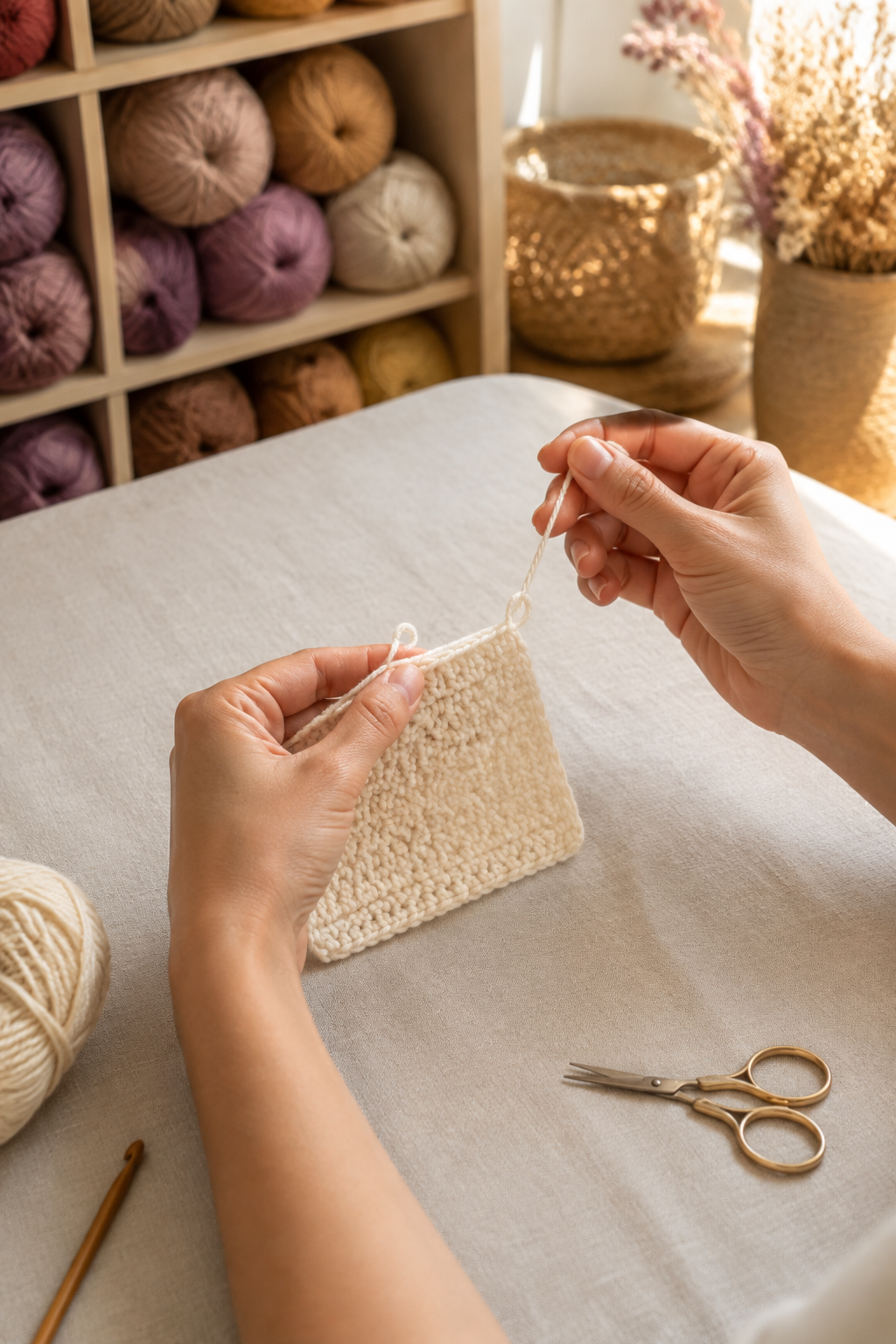 Fasten off crochet by pulling a yarn tail through the final loop