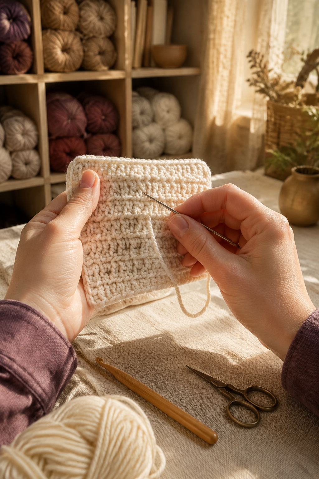 Yarn needle weaving through dense crochet stitches on the wrong side
