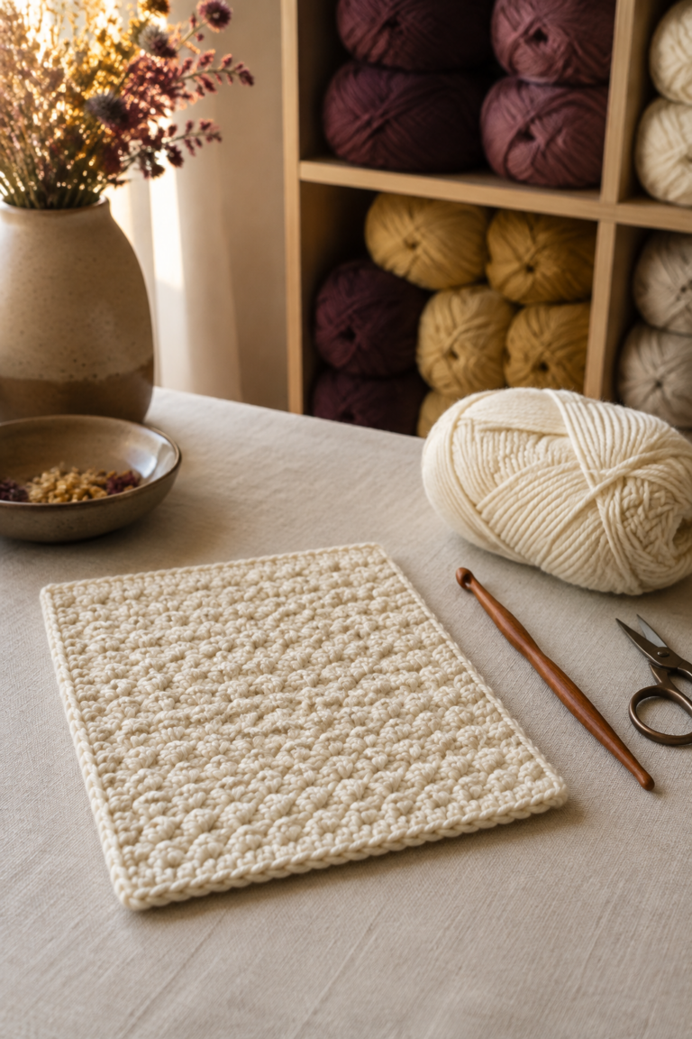 How to weave in crochet ends on a cream practice swatch