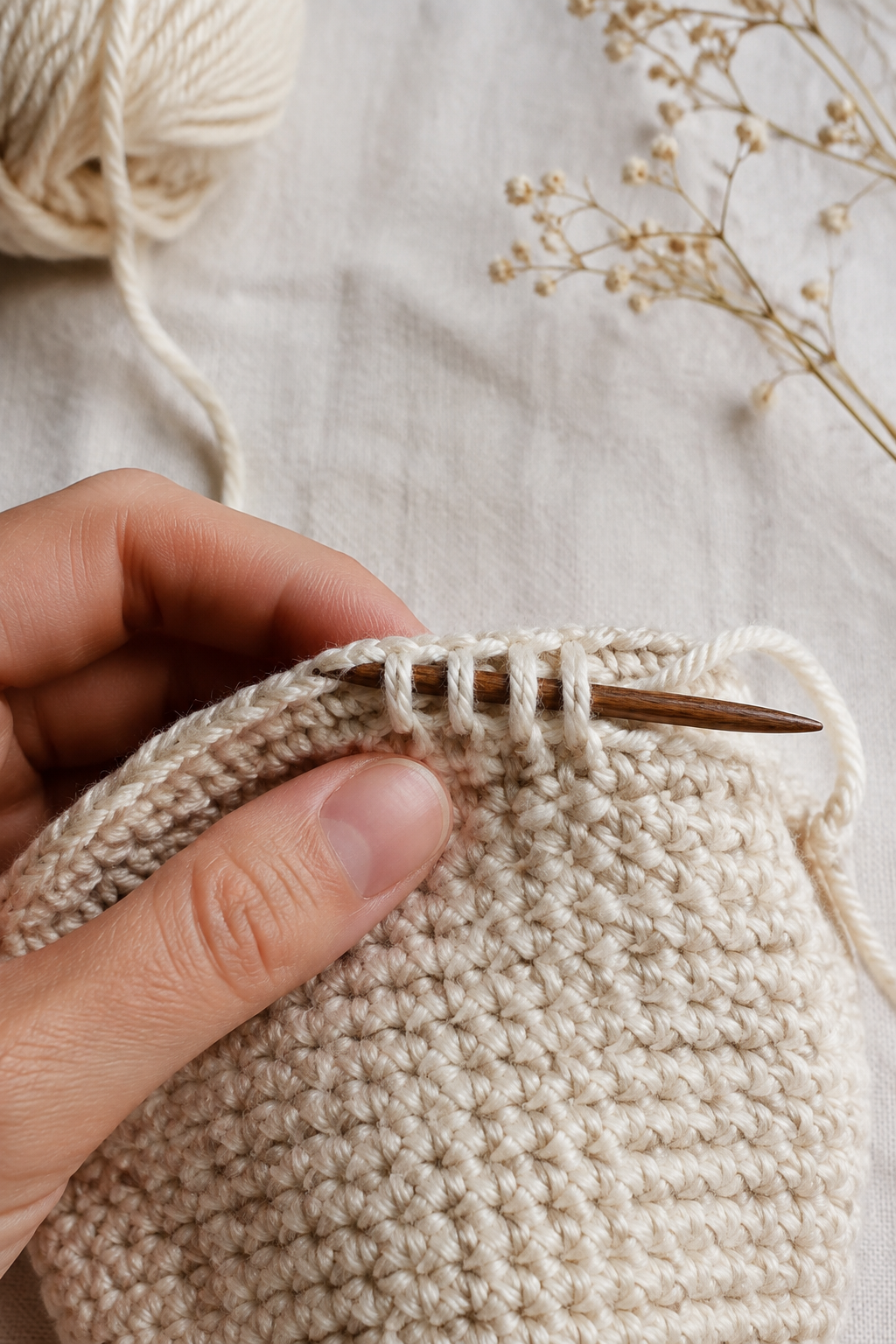 invisible crochet join: yarn needle forming the imitation top loops of an invisible join