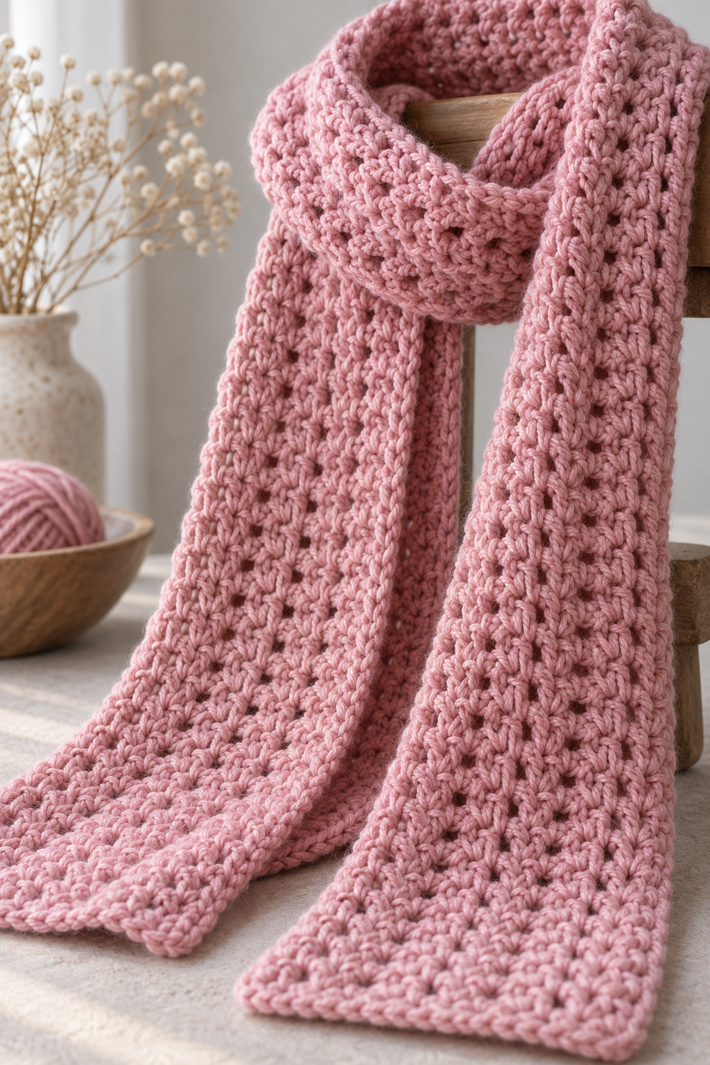 Textured pink crochet scarf detail showing a simple repeat