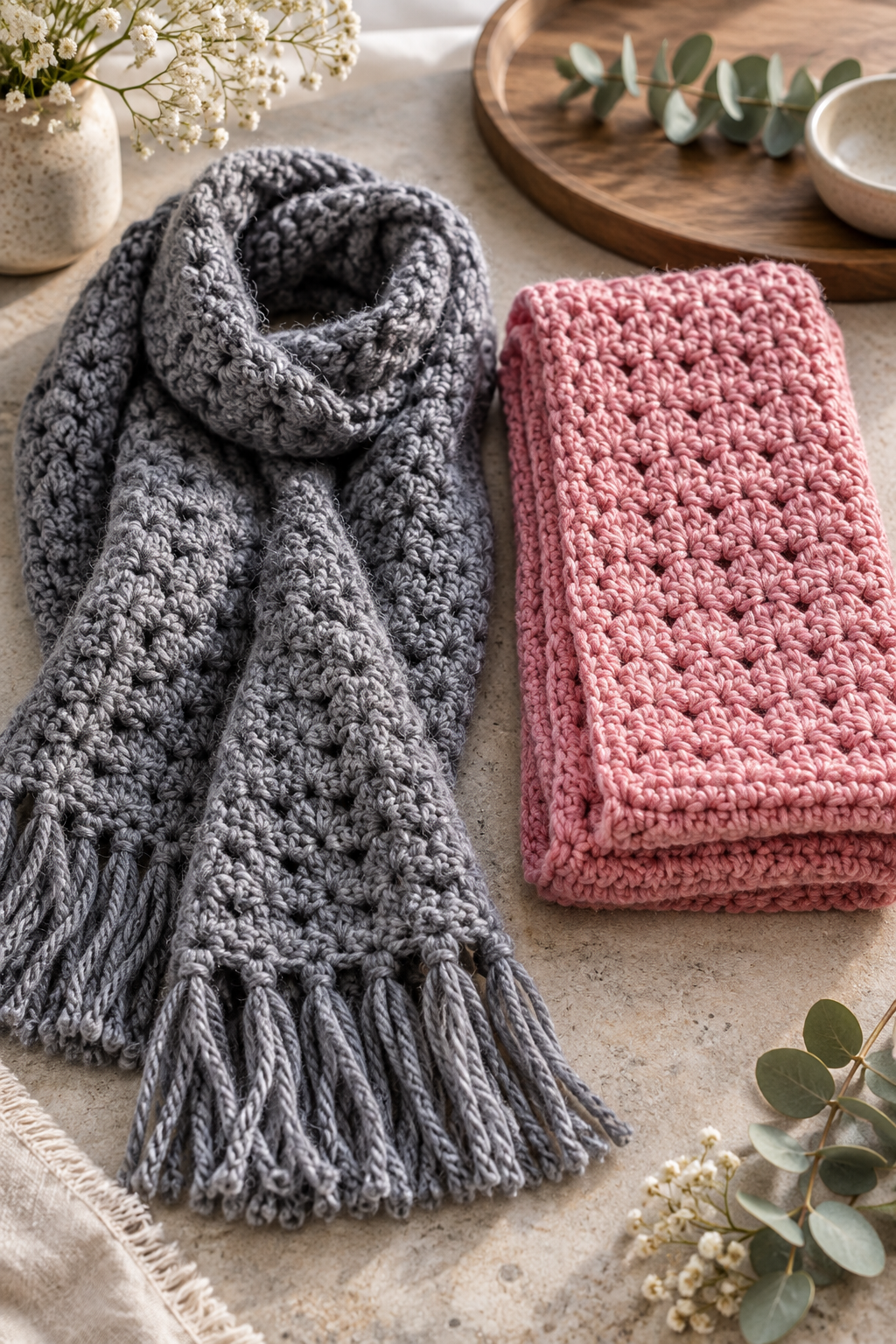 Pink and gray crochet scarves showing color choices
