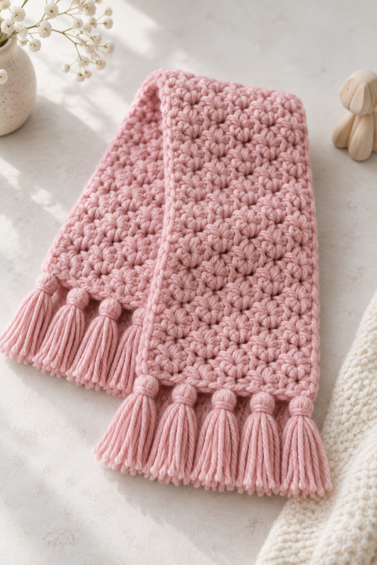 Handmade pink children’s crochet scarf folded on a neutral surface