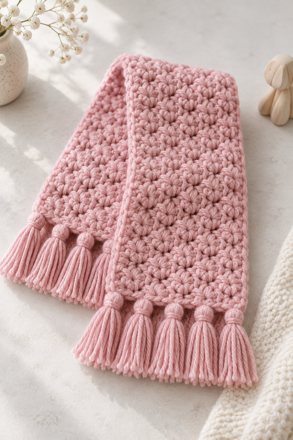 Handmade pink children’s crochet scarf folded on a neutral surface