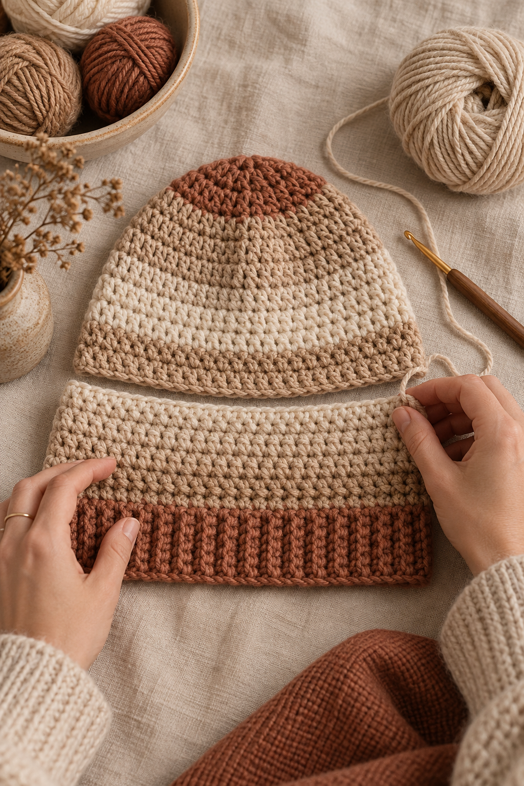 Knit look crochet beanie build the beanie in rows before joining