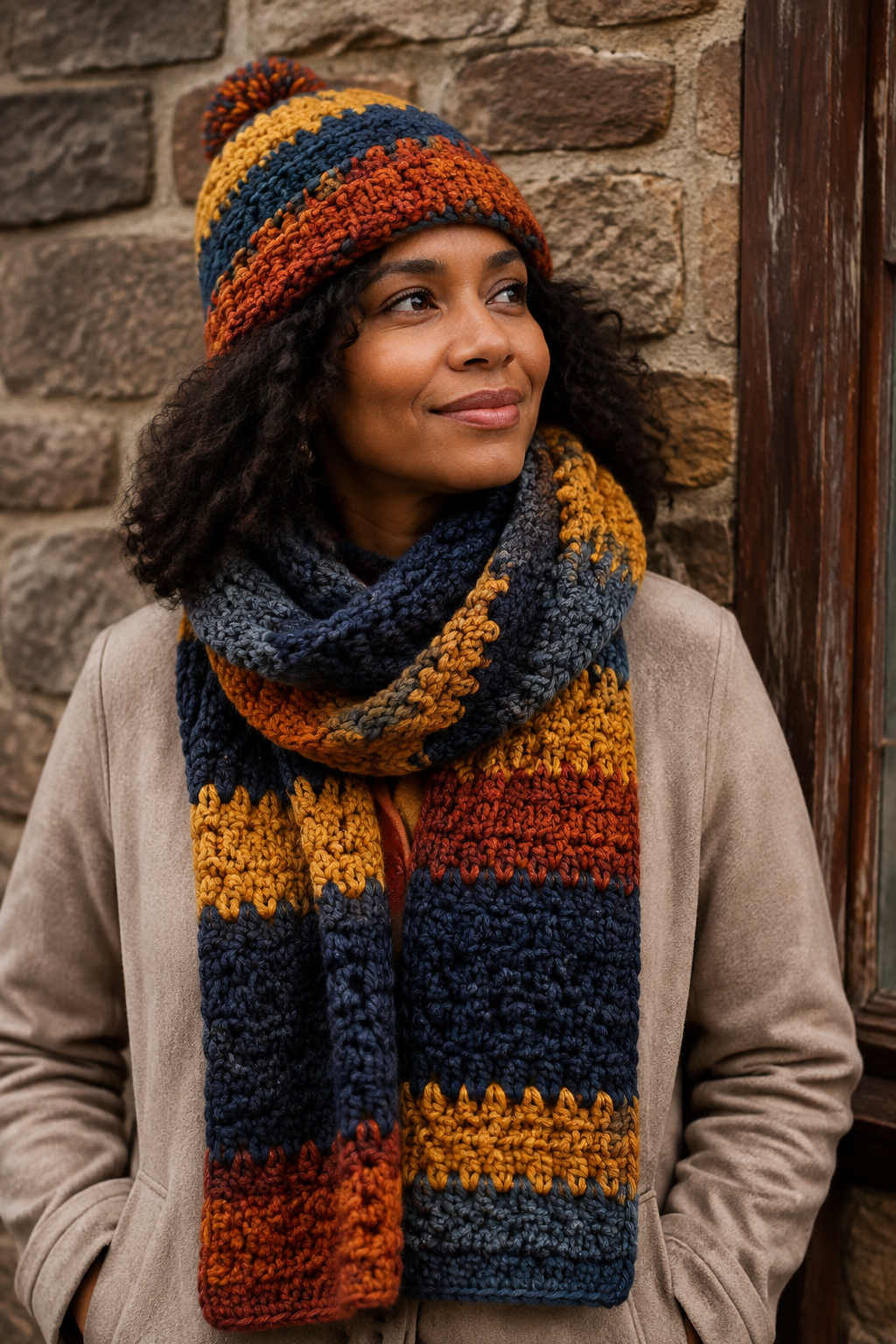 knit look crochet scarf: coordinated chunky crochet scarf and matching hat