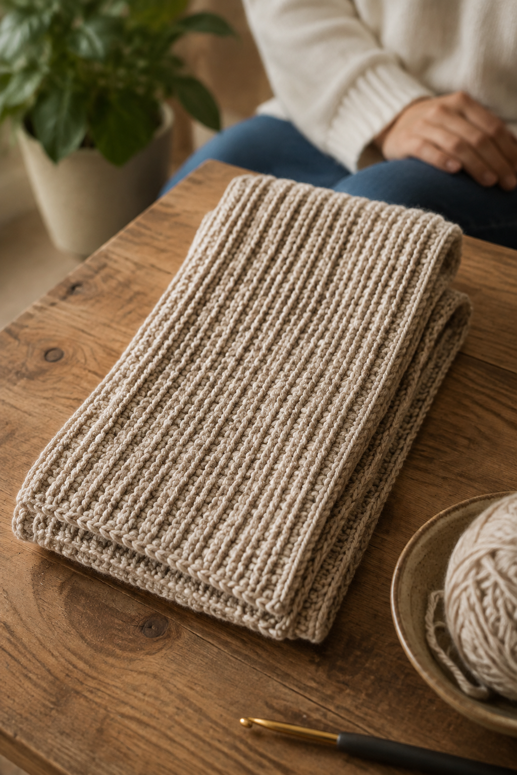 knit look crochet scarf: linen-colored ribbed crochet scarf folded to show stitch definition