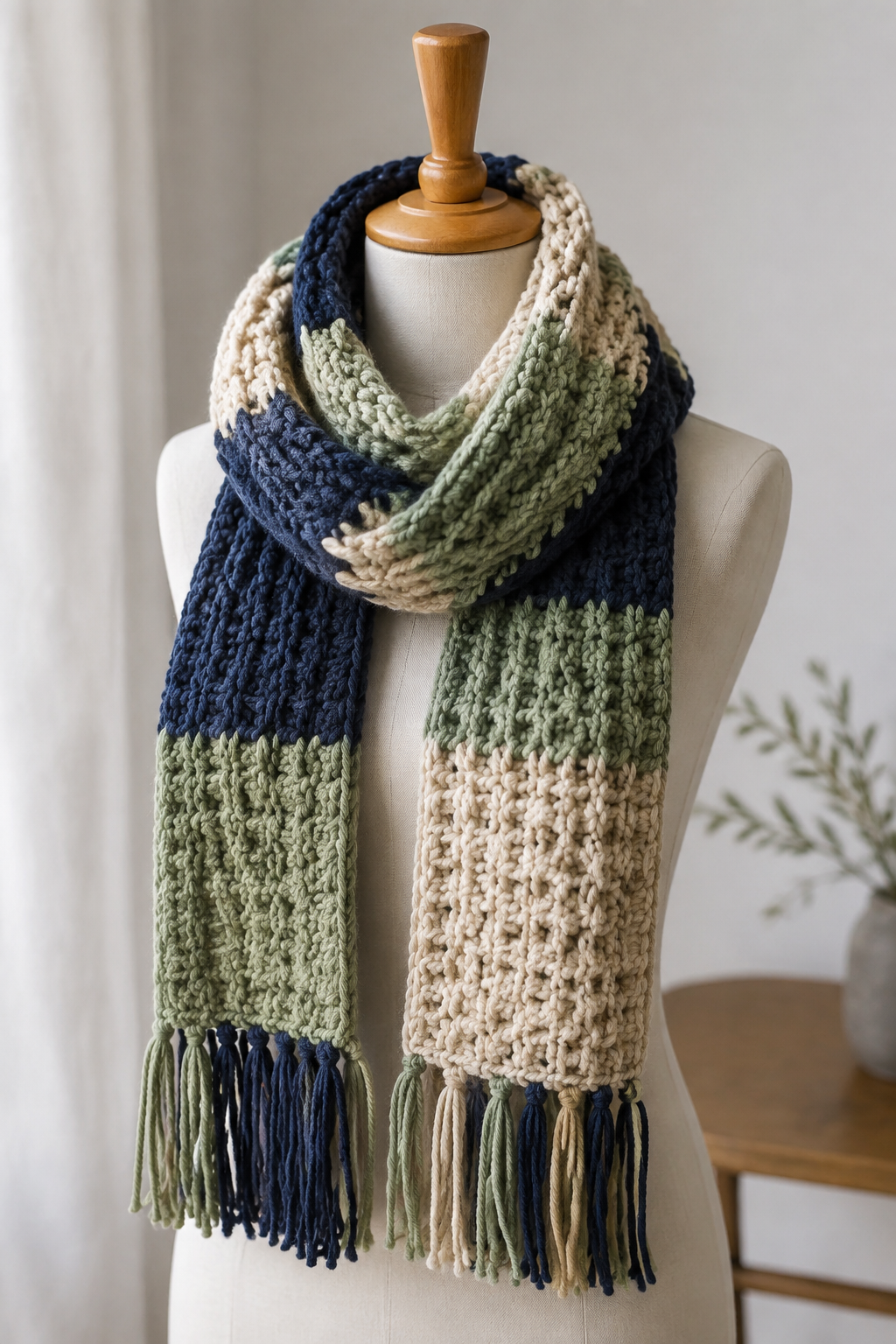 knit look crochet scarf: thick crochet scarf displayed on a neutral mannequin