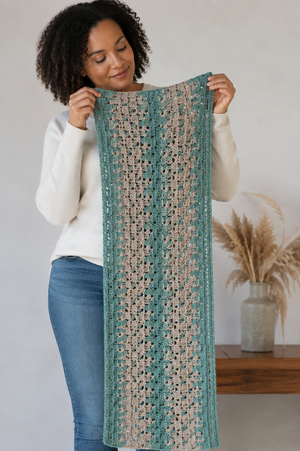 knit look crochet scarf: long scarf rectangle showing consistent two-row repeat