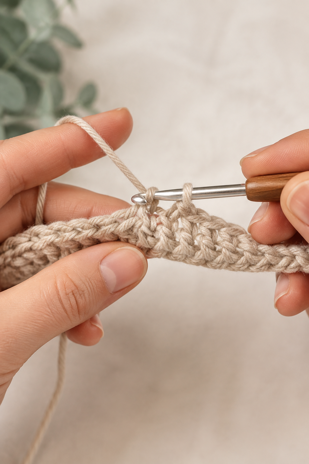 knit look crochet scarf: macro tutorial view of a hook entering the back loop only