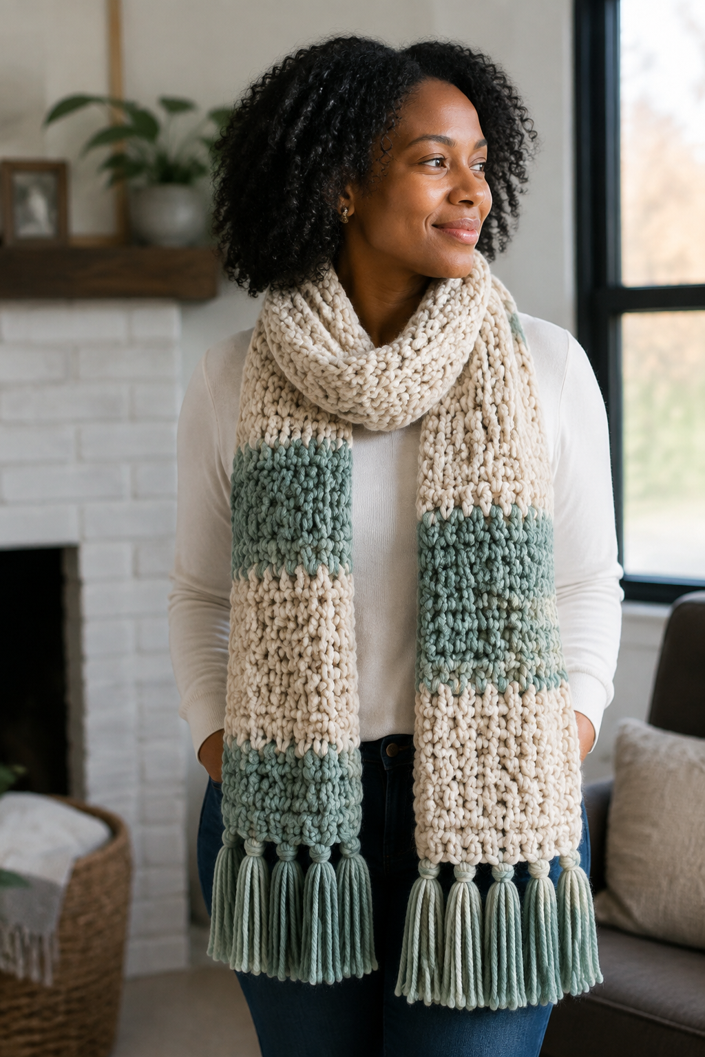 knit look crochet scarf: finished chunky scarf with evenly trimmed tassels