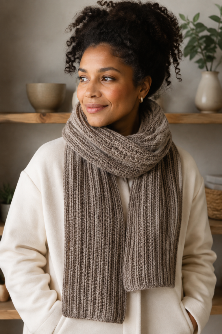 knit look crochet scarf: finished taupe knit-look crochet scarf with deep ribbing